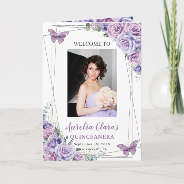 Programa Lavender Purple Floral Quinceanera Eventos Padrino (Anverso)
