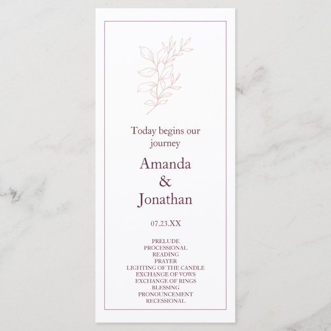 Programa Leaf blanco limpio y rosa simple | Boda moderno (Anverso)