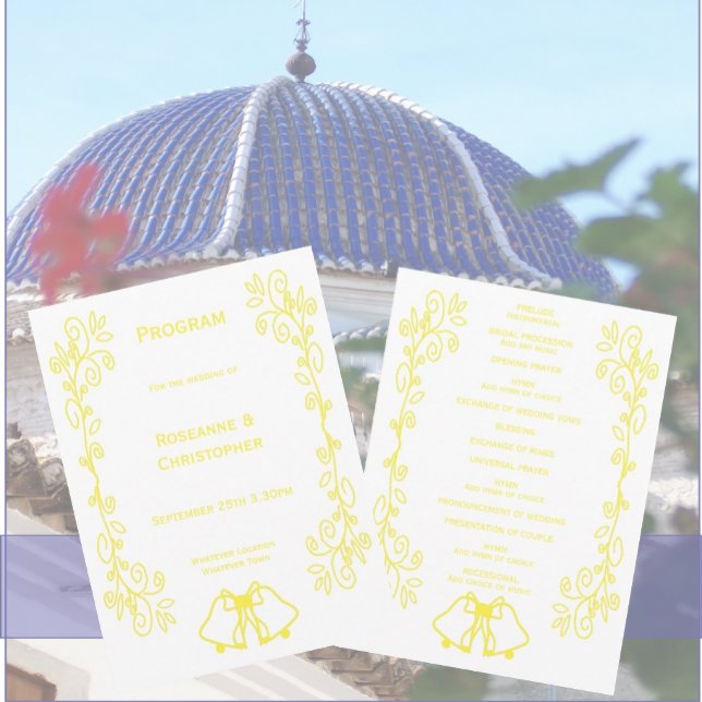 Programa Lemon Bells Scrollwork Design Boda (Yellow wedding church program bells and scrollwork design)