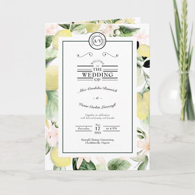 Programa Lemon Floral Monograma Blanco Boda plegado (Anverso)