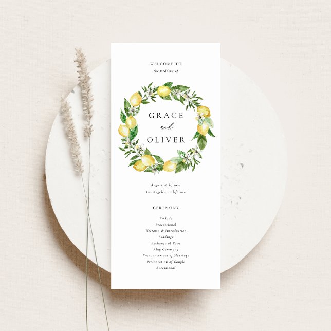 Programa Lemon Wreath Botanical con Greeneration Boda (Customizable Wedding Program Fan with Watercolor Lemons, Blossoms & Greenery Wreath)
