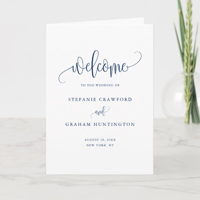 Programa Libreto de boda con letra de caligrafía azul bonit (Anverso)