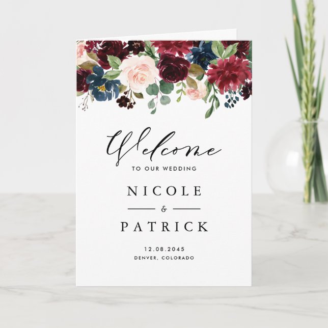 Programa Libreto de Boda de Flores de Borgoña y Azul al Acu (Anverso)