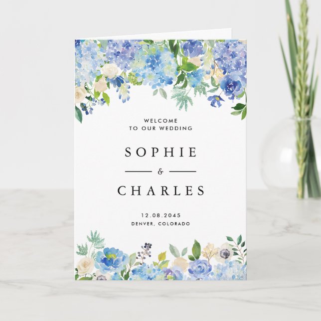Programa Libreto de Boda de Hortensia Azul Acuarela (Anverso)
