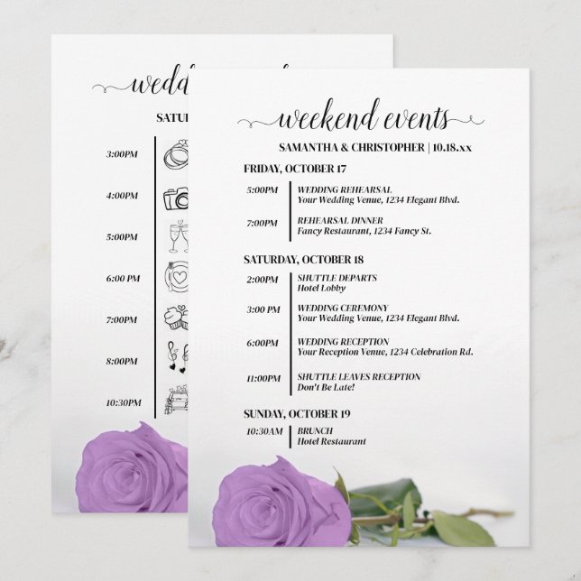 Programa Lila Rosa Morada Eventos de Boda de Lujo & Cronolo (Anverso / Reverso)