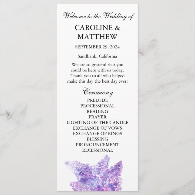 Programa Lilac Purple Floral Elegant Modern Wedding  (Anverso)