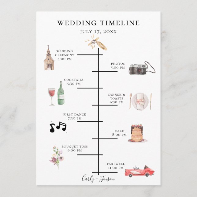 Programa Línea de tiempo de Boda de acuarela ilustrada (Anverso)