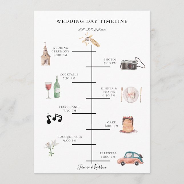 Programa Línea de tiempo de Día de Boda Ilustrada Rustica (Anverso)