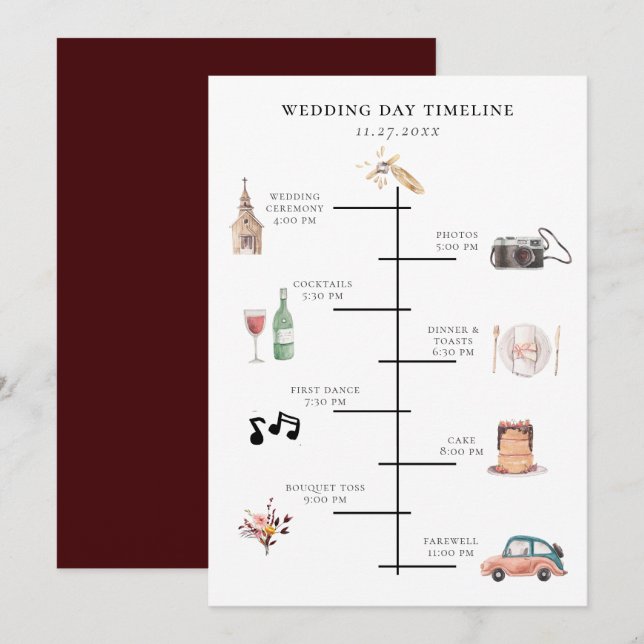 Programa Línea de tiempo de Día de Boda Ilustrada Rustica (Anverso / Reverso)