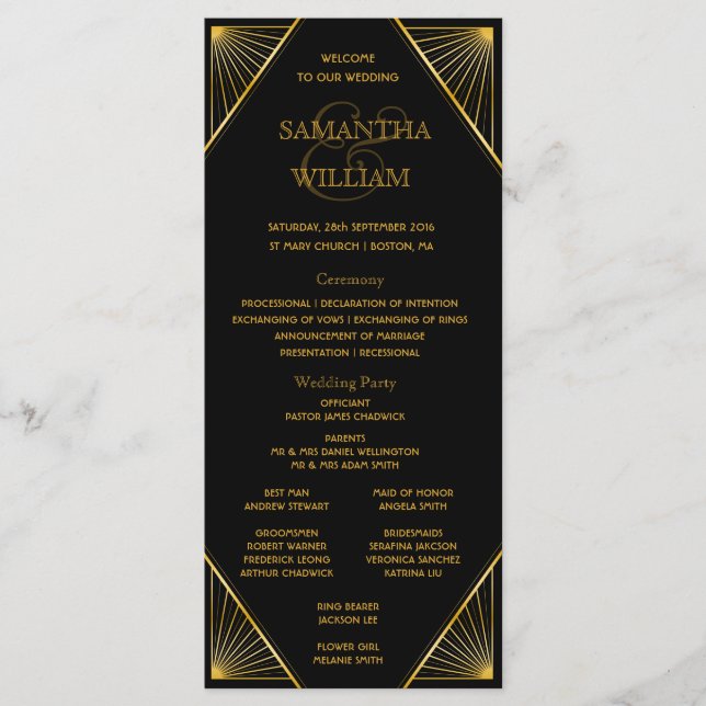 Programa Línea de tiempo del Boda Gatsby Art Deco (Anverso)