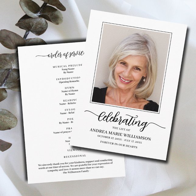 Programa Llanto de fotos de la celebración funeraria de la  (Modern funeral Celebration of Life Program, your photo on the front, Order of Service on the back)