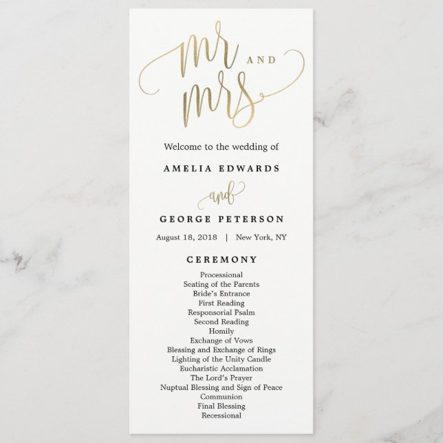 Programa Lovely Calligraphy Wedding Program Faux Gold (Anverso)