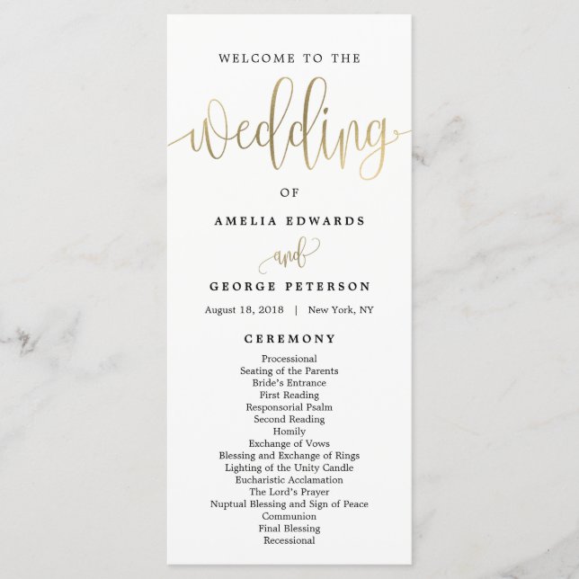 Programa Lovely Calligraphy Wedding Program Faux Gold (Anverso)
