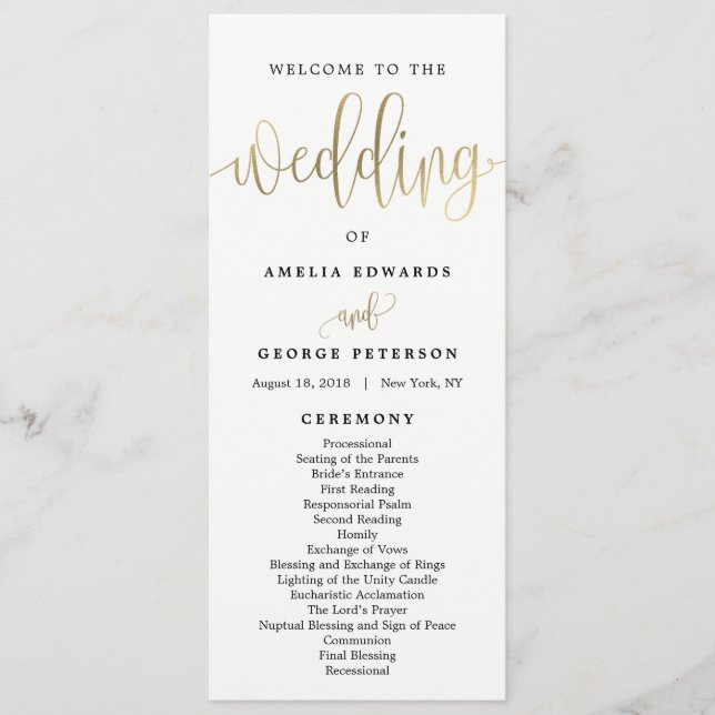 Programa Lovely Calligraphy Wedding Program Faux Gold (Anverso)