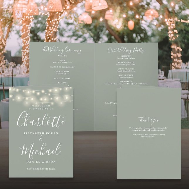 Programa Luces de Cuerda Verde Salvia Boda con Letra Elegan (String Lights Sage Green Elegant Script Wedding Program)