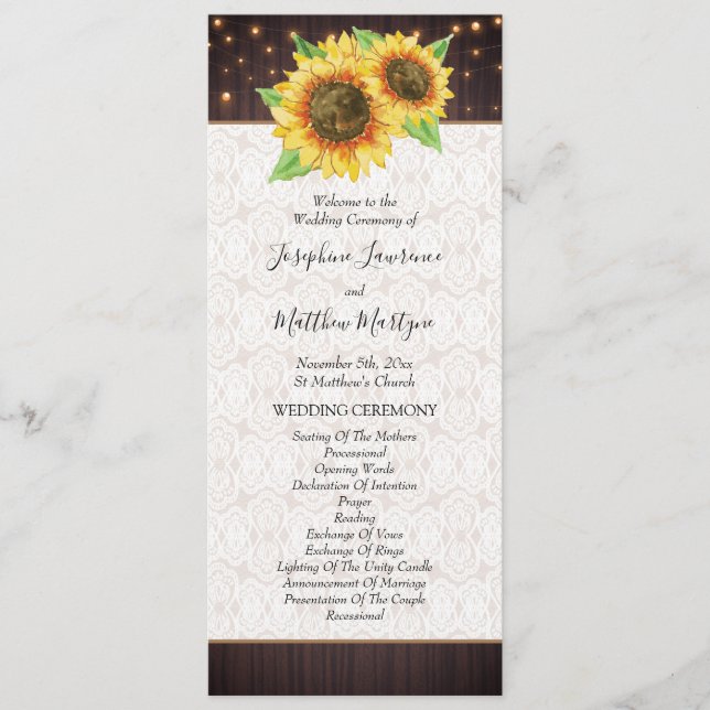 Programa Luces de cuerdas de girasol Lace Rustic Boda (Anverso)