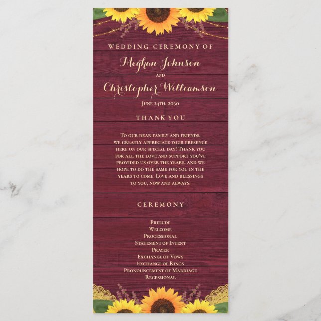 Programa Luces Rusas De Madera Lace Burgundy Boda De Giraso (Anverso)