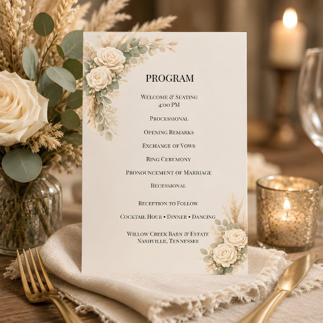 Programa Lujo Rústico Floral Con Hierba de Pampas (Part of the luxury rustic wedding theme collection, program card)