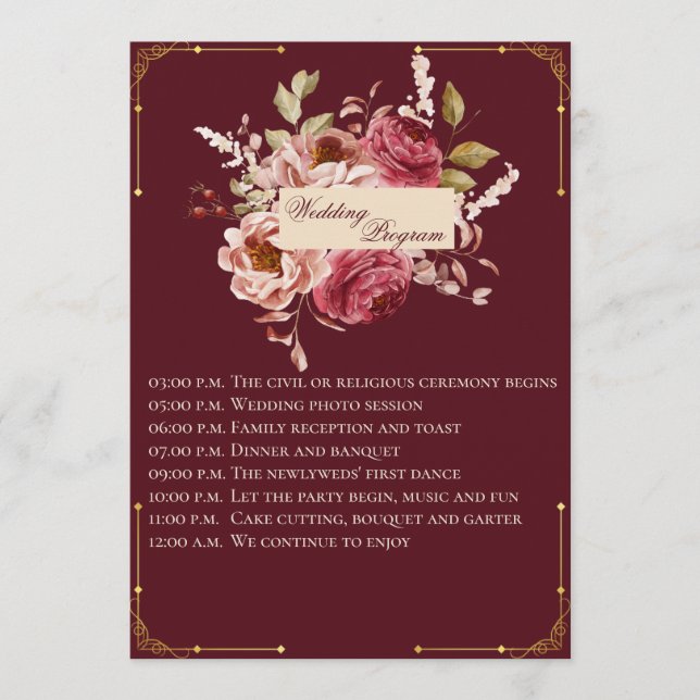 Programa Luxury Burgundy and Gold Floral Wedding Program (Anverso)