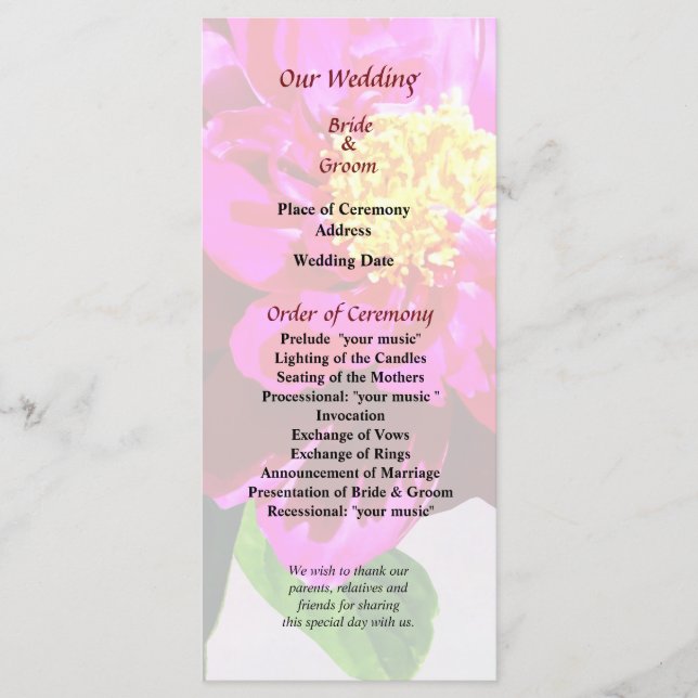 Programa Magenta Peony in Sunshine Wedding (Anverso)