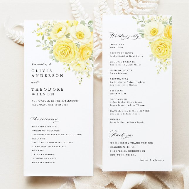 Programa Mantequilla Amarillo Marfil Floral Ceremonia de Bo (butter yellow ivory floral wedding program card, ceremony program front and back, elegant stationery)