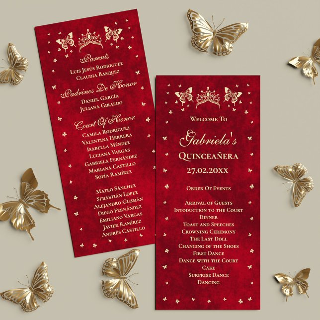 Programa Mariposa Red Quinceañera Gold Tiara de 15 años (Red Quinceañera Gold Tiara Butterfly 15 Years Old Program)