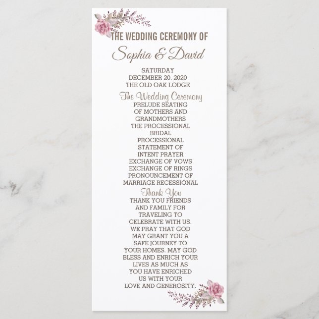 Programa Marsala Maroon Floral Watercolour Wedding Program (Anverso)