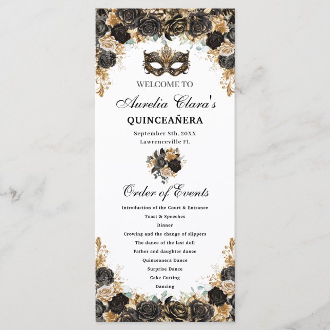Programa Máscara de Mascarada Floral de Oro Negro Quinceañe (Anverso)