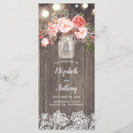 Programa Mason Jar Pink Flowers Rustic Wedding