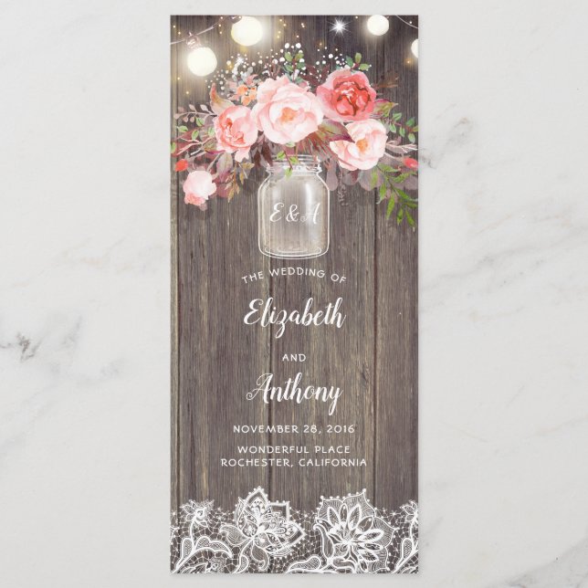 Programa Mason Jar Pink Flowers Rustic Wedding (Anverso)