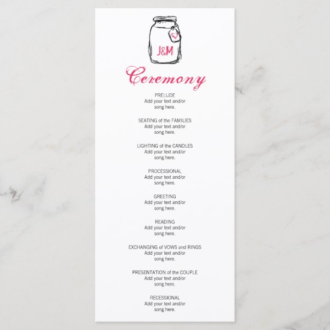 Programa Mason Jar & Pink Heart Wedding Program (Anverso)