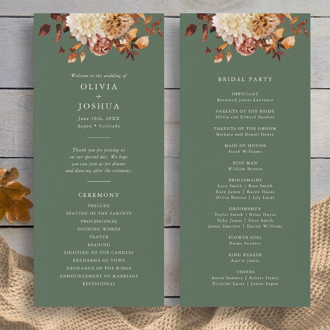 Programa Matrimonio de Caída de Salario (Sage Green Fall Watercolor Floral Wedding Program by Painted Paperie
)