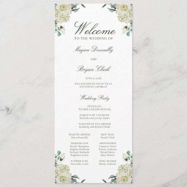 Programa Megan White Floral Elegante Ceremonia de Boda (Anverso)