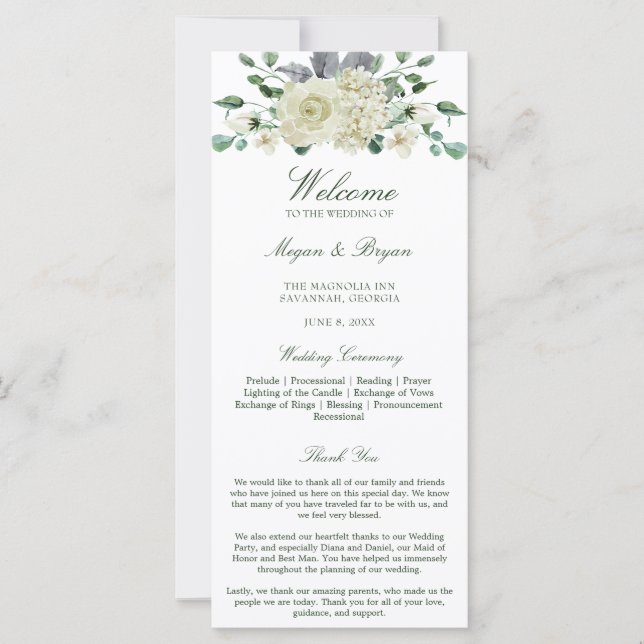 Programa Megan White Floral Greenery Wedding (Anverso)