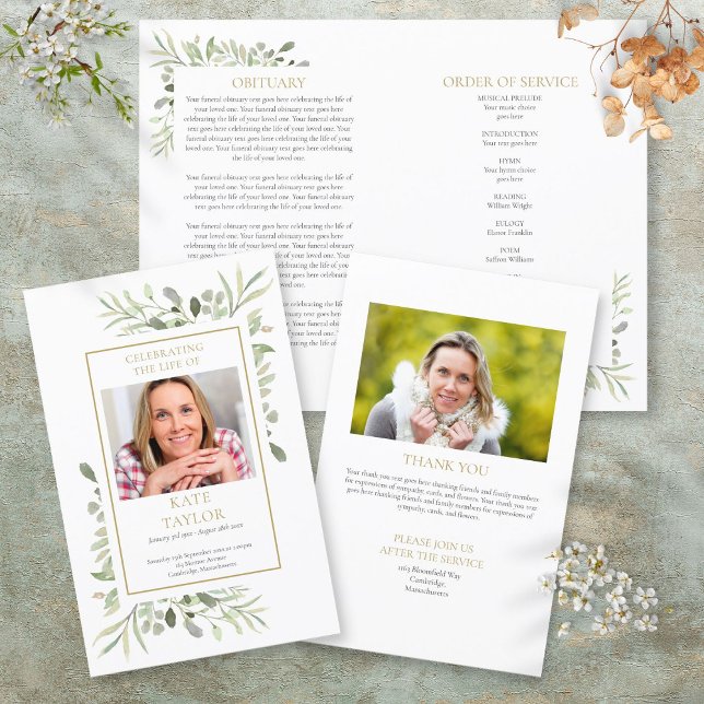 Programa Memorial de Funeral de Orden de Servicio  (Order Of Service Greenery Funeral Memorial Program)