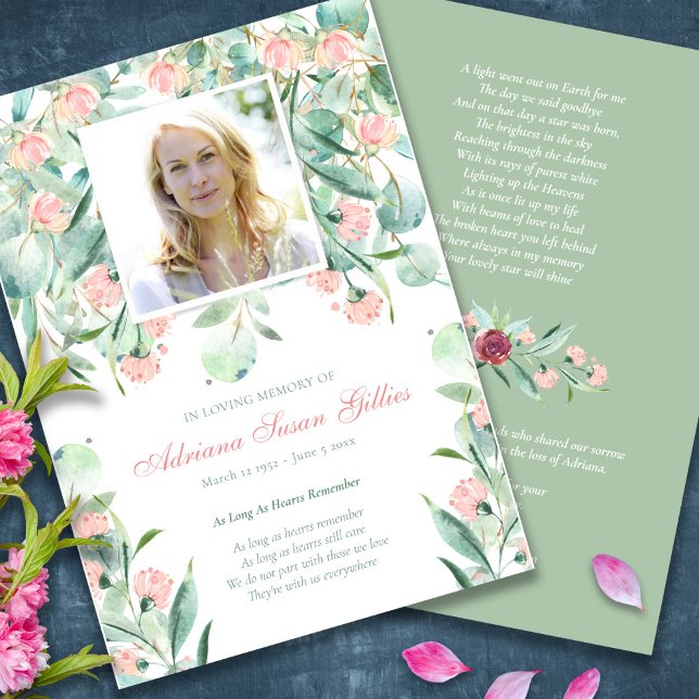 Programa Memorial Eucalyptus Funeral Gracias Tarje (Eucalyptus Floral Sympathy Bereavement Memorial Funeral Thank You Card, Funeral Program)