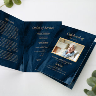 Programa Memorial Funeral Blue & Gold Calligraphy