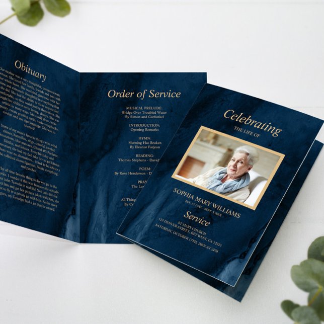 Programa Memorial Funeral Blue & Gold Calligraphy (Subido por el creador)