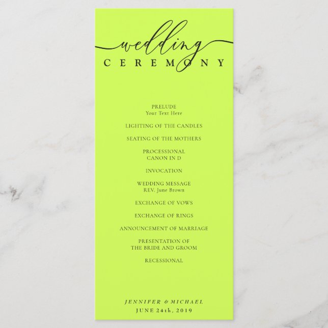 Programa Minimal Cyber Lime Jet Black Wedding Ceremony (Anverso)
