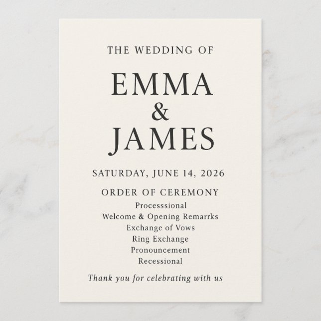 Programa Minimal Elegant Wedding Program | Ivory Ceremony (Anverso)