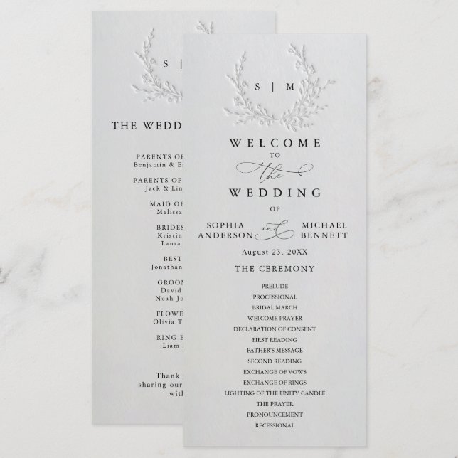 Programa Minimal Faux Blind Deboss Cotton Wedding Program (Anverso / Reverso)