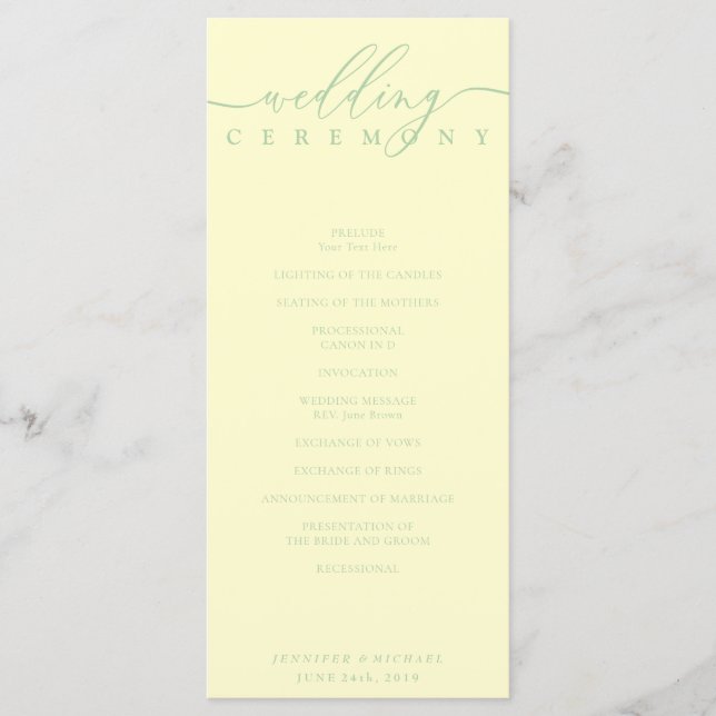 Programa Minimal Pistachio & Cream Script Wedding Ceremony (Anverso)