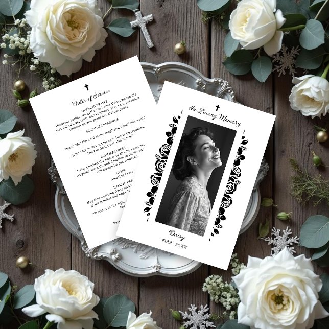 Programa Minimalist Exquisite Floral Black & White Floral (Exquisite Minimalist Floral Black & White Floral Garlands Funeral Programs.)