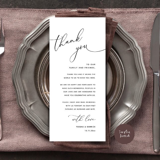 Programa Minimalist Wedding Place Setting Thank You Card (Welcome n Thanks Wedding Reception Dinner Brunch Lunch Thank You Card in Black White)