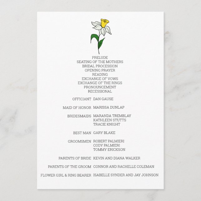 Programa minimalista de Boda de Daffodil (Anverso)
