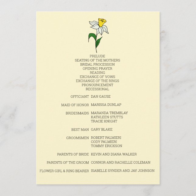 Programa minimalista de Boda de Daffodil (Anverso)