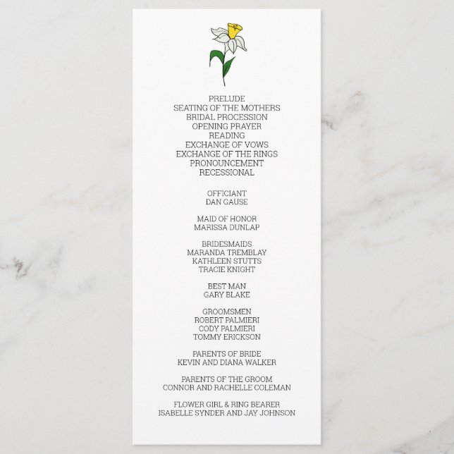 Programa minimalista de Boda de Daffodil (Anverso)
