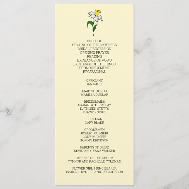 Programa minimalista de Boda de Daffodil (Anverso)