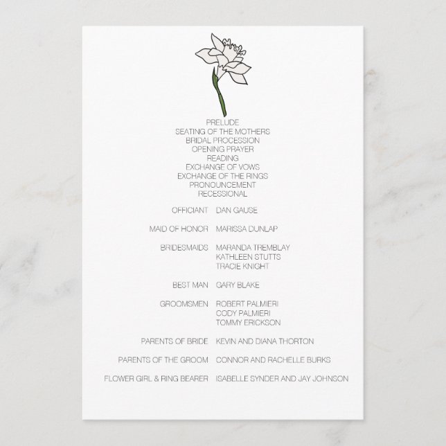Programa minimalista de Boda de Narciso (Anverso)