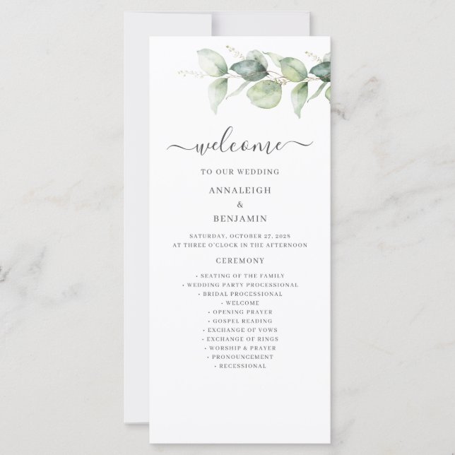 Programa minimalista de Boda Eucalyptus Greenery (Anverso)